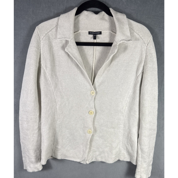 Eileen Fisher Cotton Metallic Bone Knit Notch Collar Zip Sleeve Jacket Sz Small - Picture 1 of 7